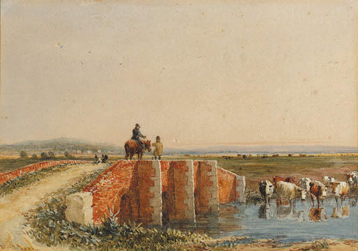 Figuras Cruzando Un Puente, Ganado Bebiendo Abajo — David Cox