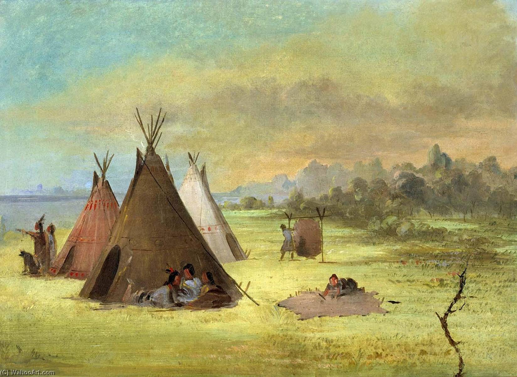 Indian Encampment, Comanche (or Kiowa) Dressing Skins, Red River — George Catlin