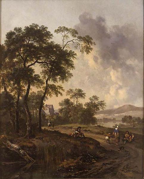 Paysage Aux Figures Un Chasseur Tient Des Chiens En Laisse — Wynants Jan