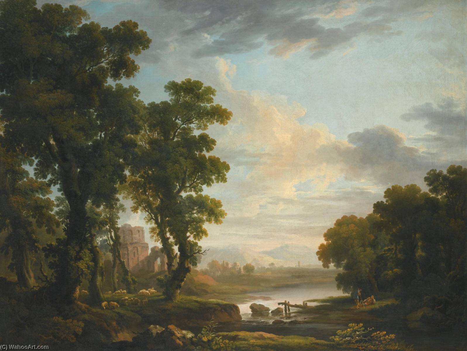 An Extensive Wooded River Landscape, With Shepherds Reclining In The Foreground And Ruins Beyond — George Barret The Elder