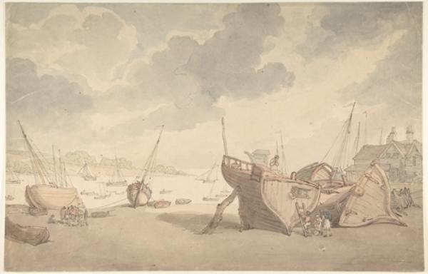 Harbor Scene With Tide Out; Beached Boats — Thomas Rowlandson