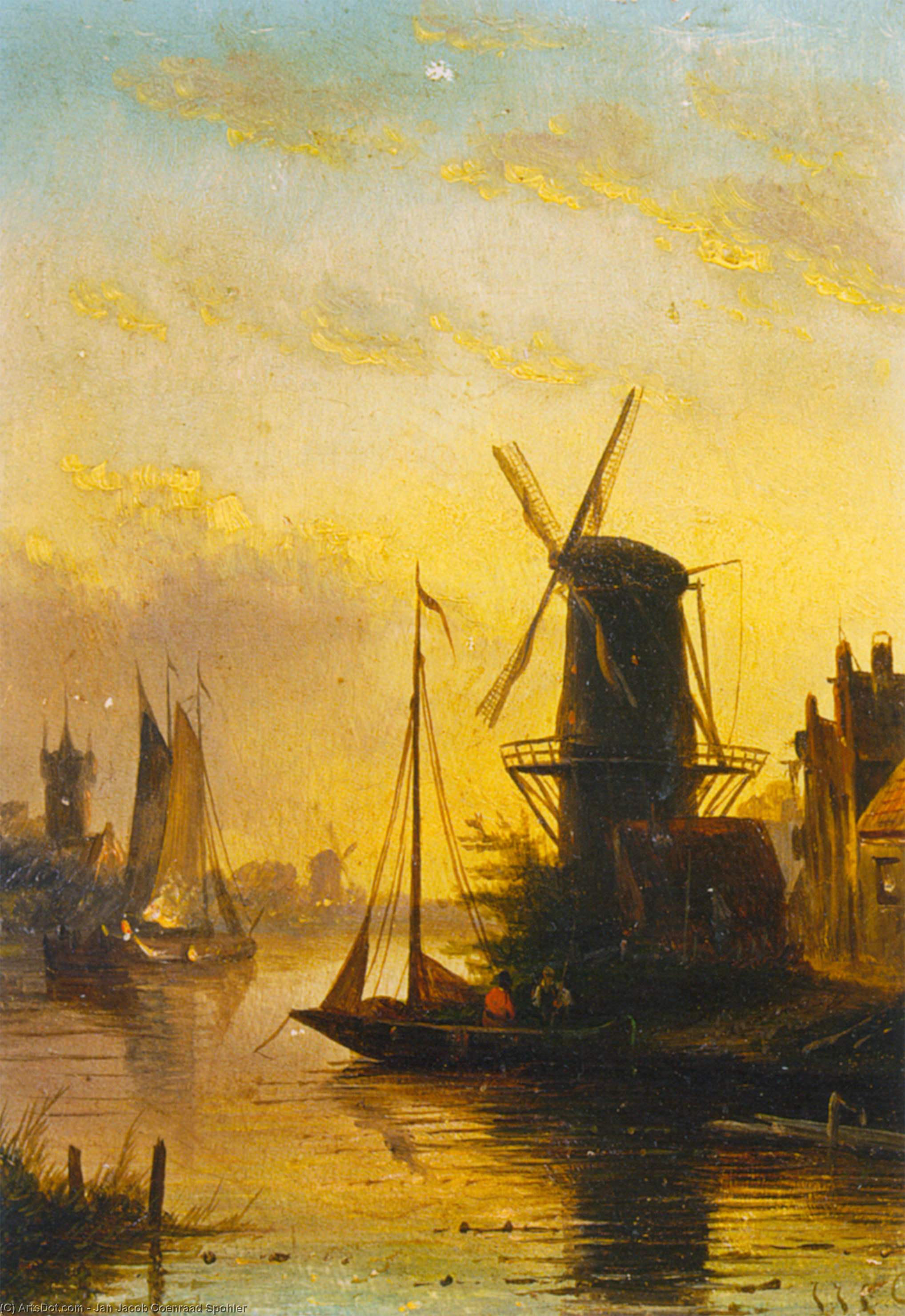 A Summer Landscape With A Windmill At Sunset — Jan Jacob Coenraad Spohler