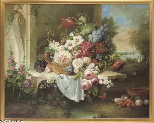 Roses, Peonies, Daisies And Other Flowers In A Basket, On A Ledge, A Landscape Beyond — Thomas George Webster