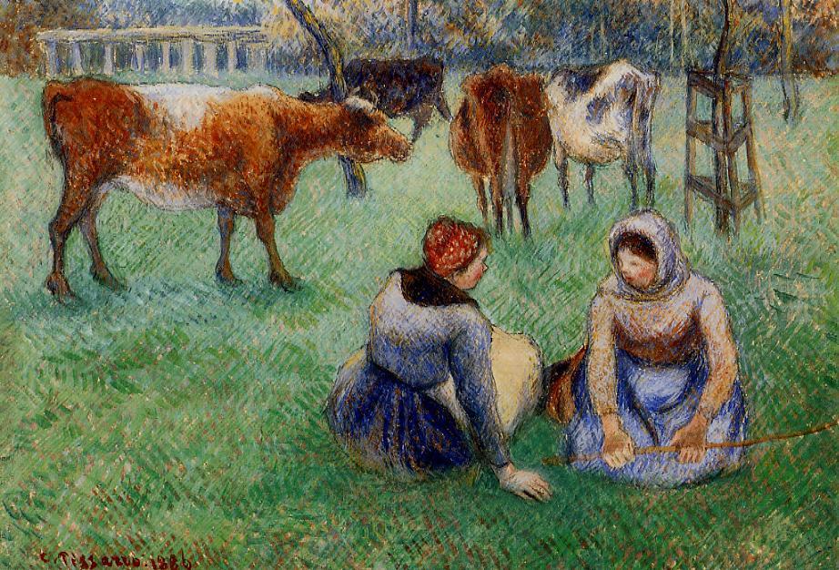 Seated Peasants Watching Cows — Camille Pissarro