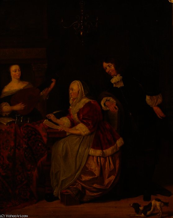 A Young Woman Composing Music, Observed By A Man, With Another Woman Playing The Lute — Gabriel Metsu