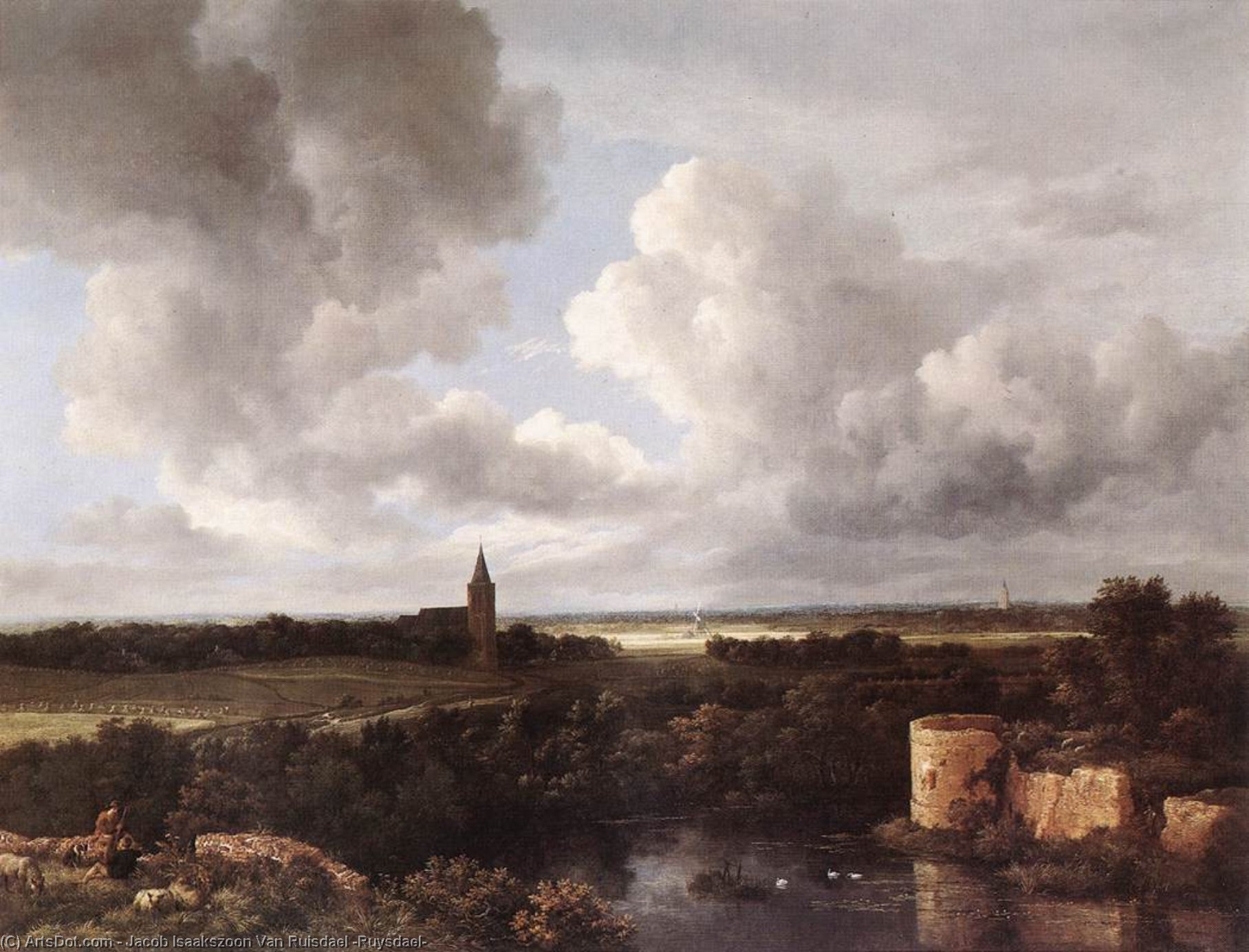 An Extensive Landscape With A Ruined Castle And A Village Church — Jacob Isaackszoon Van Ruisdael
