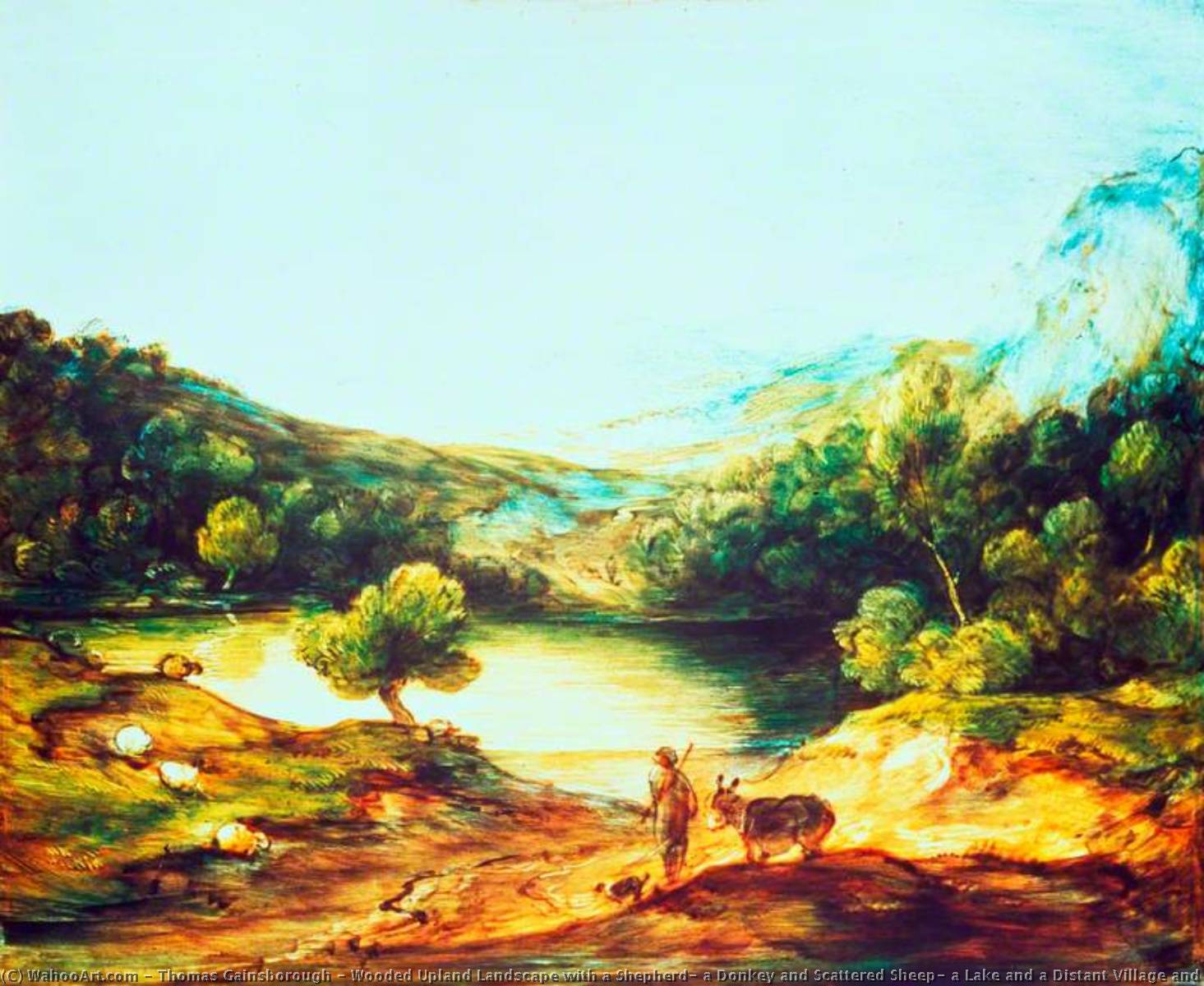 Wooded Upland Landscape With A Shepherd, A Donkey And Scattered Sheep, A Lake And A Distant Village And Hills — Thomas Gainsborough