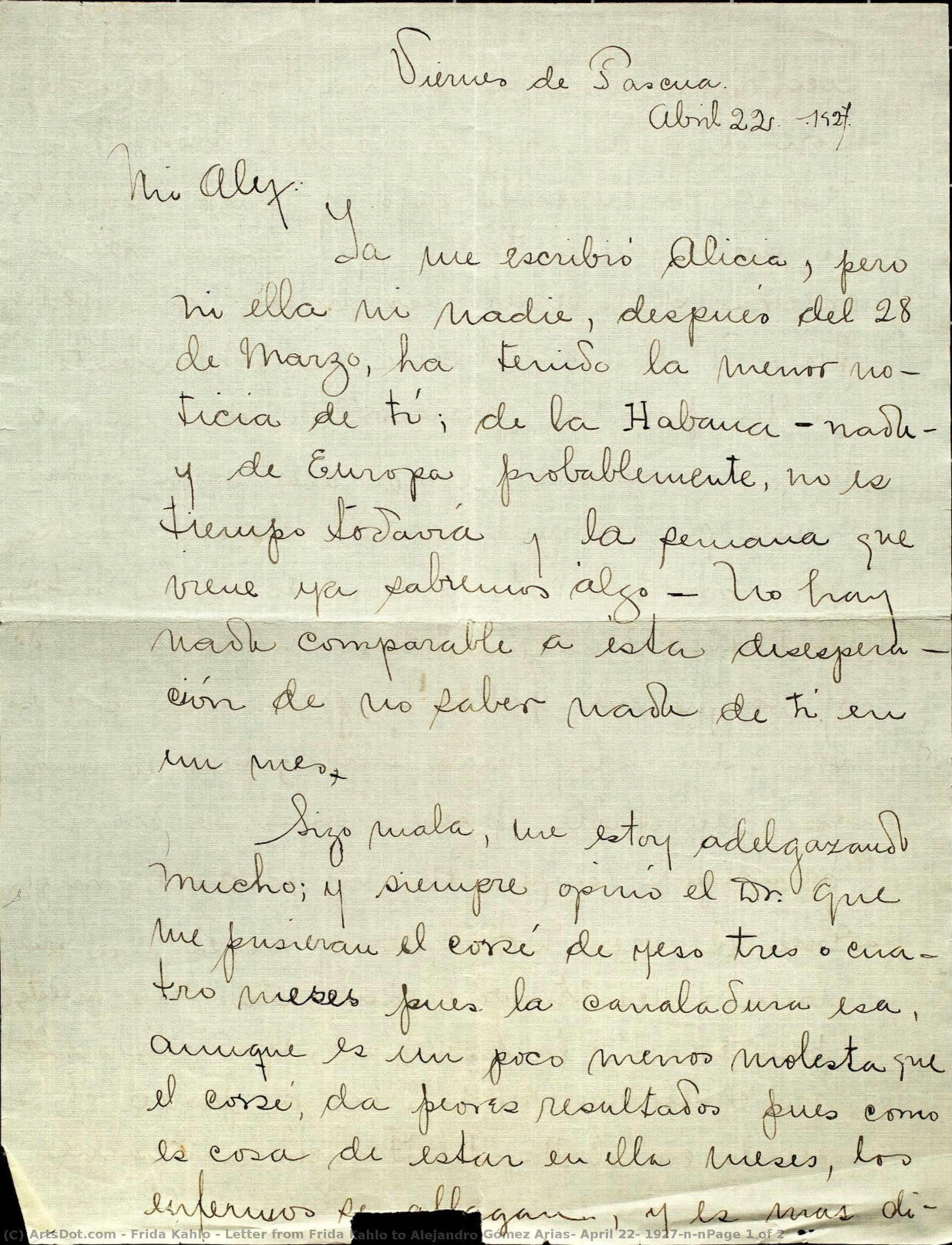 Letter From Frida Kahlo To Alejandro Gómez Arias, April 22, 1927\n\npage 1 Of 2 — Frida Kahlo