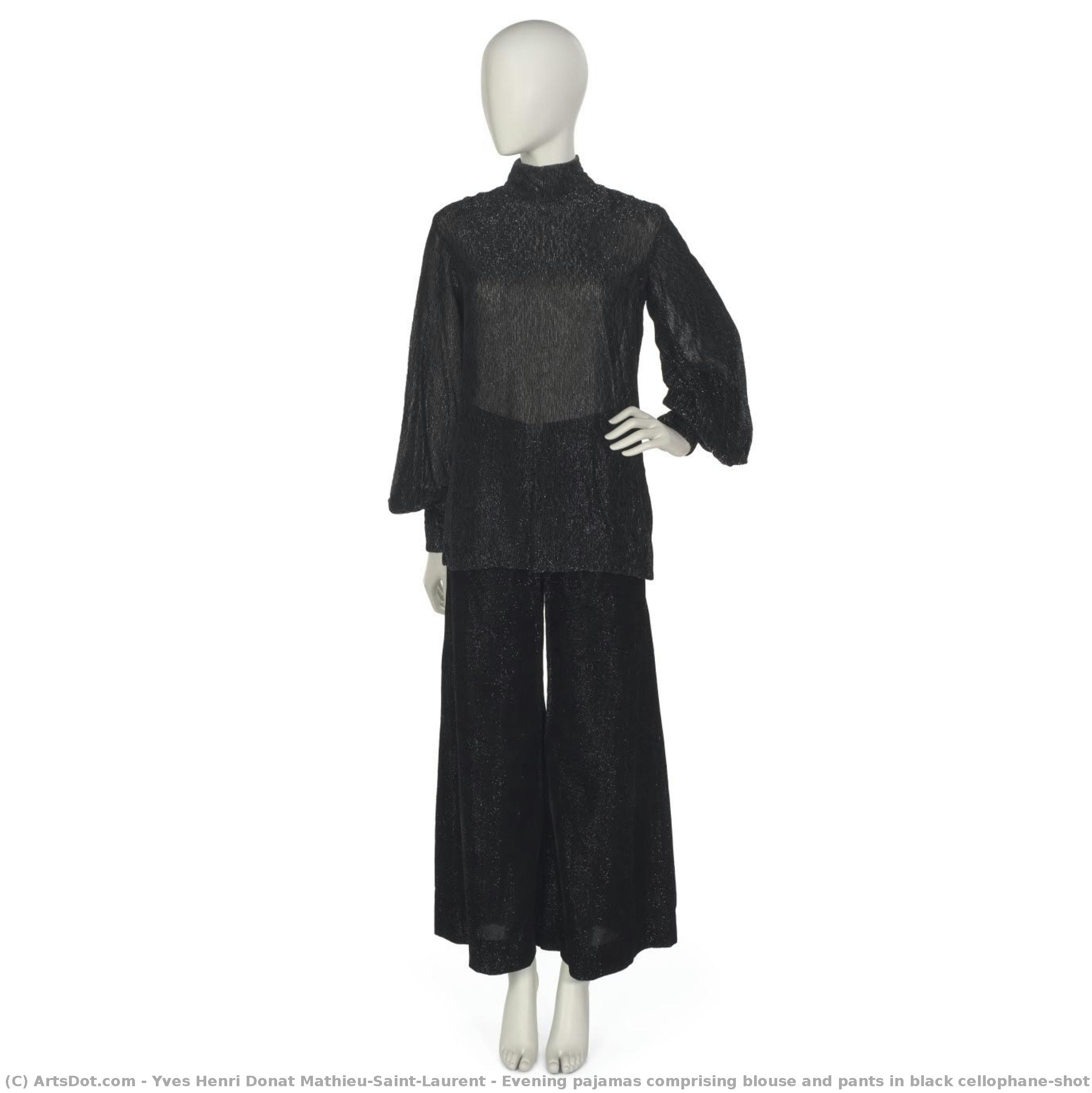 Pijamas De Noche Compuestos Por Blusa Y Pantalones En Satén De Gasa Negra Con Celofán — Yves Saint Laurent