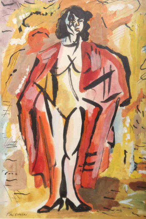 Study Of A Woman Wearing A Red Gown, Signed Lower Left, Watercolour — Jerzy Faczynski