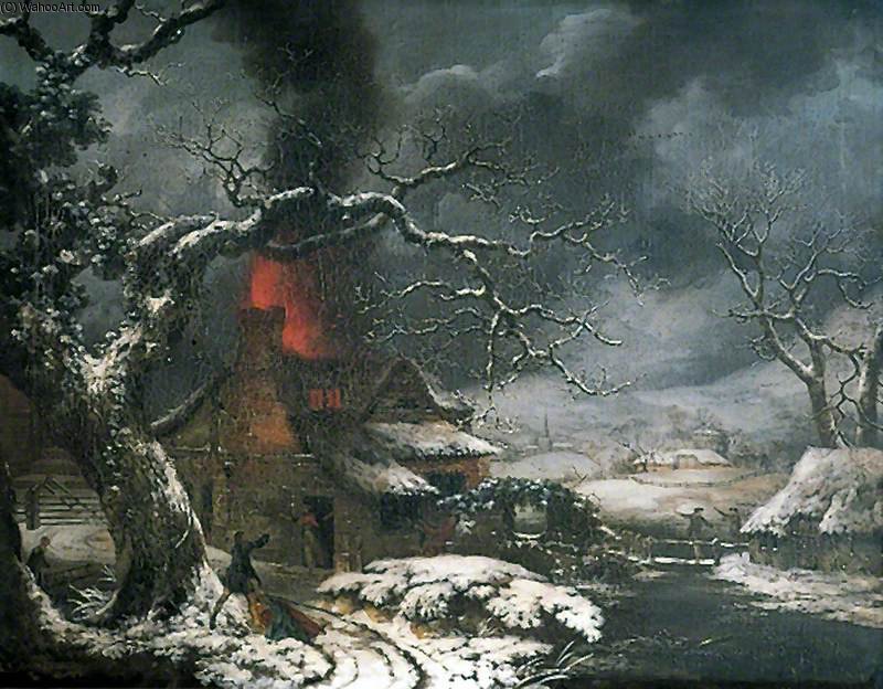 Wintry Scene With A Burning Cottage In The Foreground — George Smith