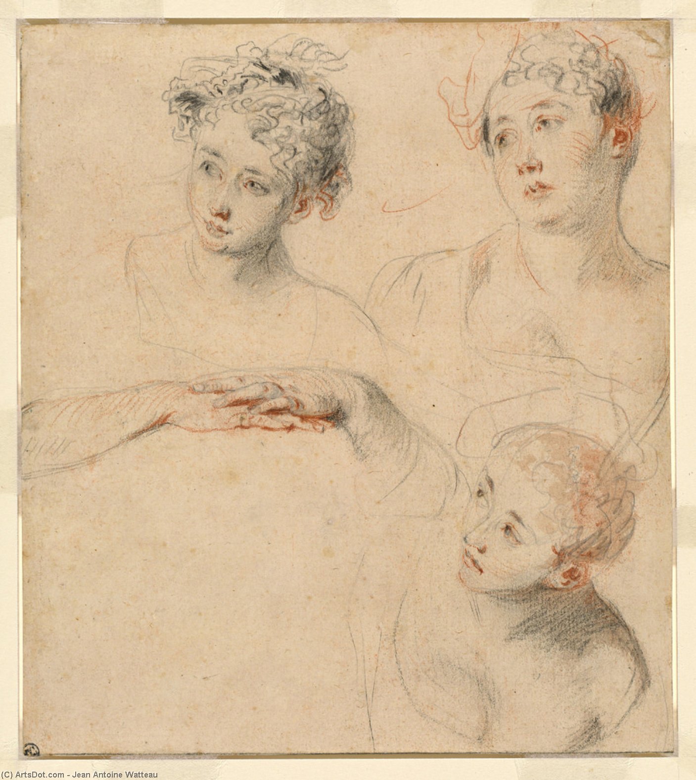 Three Studies Of A Woman's Head And A Study Of Hands [recto], — Jean-antoine Watteau
