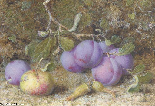 Plums, An Apple And Hazelnuts On A Mossy Bank — William Hough