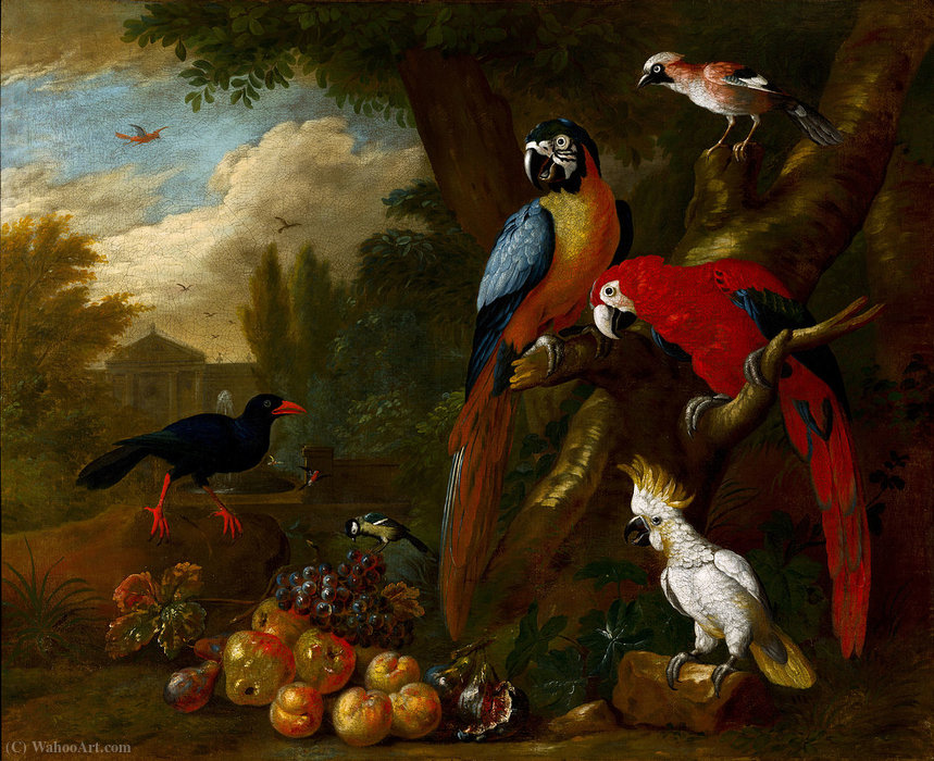 Two Macaws, A Cockatoo And A Jay, With Fruit — Jakab Bogdány