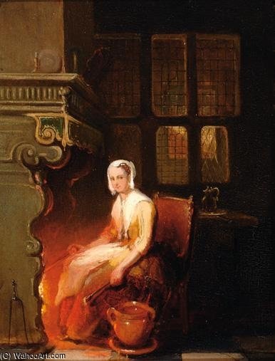 Interior With Woman By A Fire — Johannes Anthonie Balthasar Stroebel