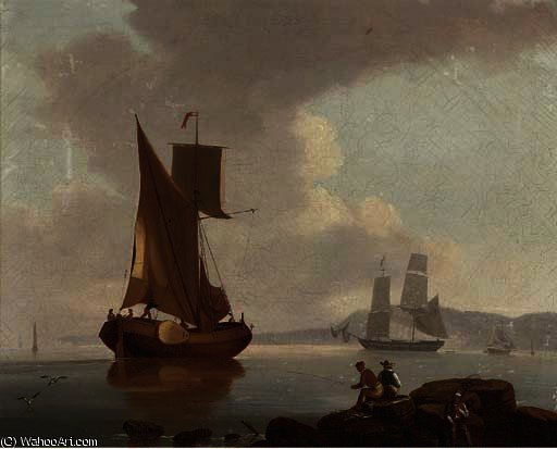 A Merchantman And A Barge In A Calm Offshore, With Fishermen On The Rocks In The Foreground — John Thomas Serres