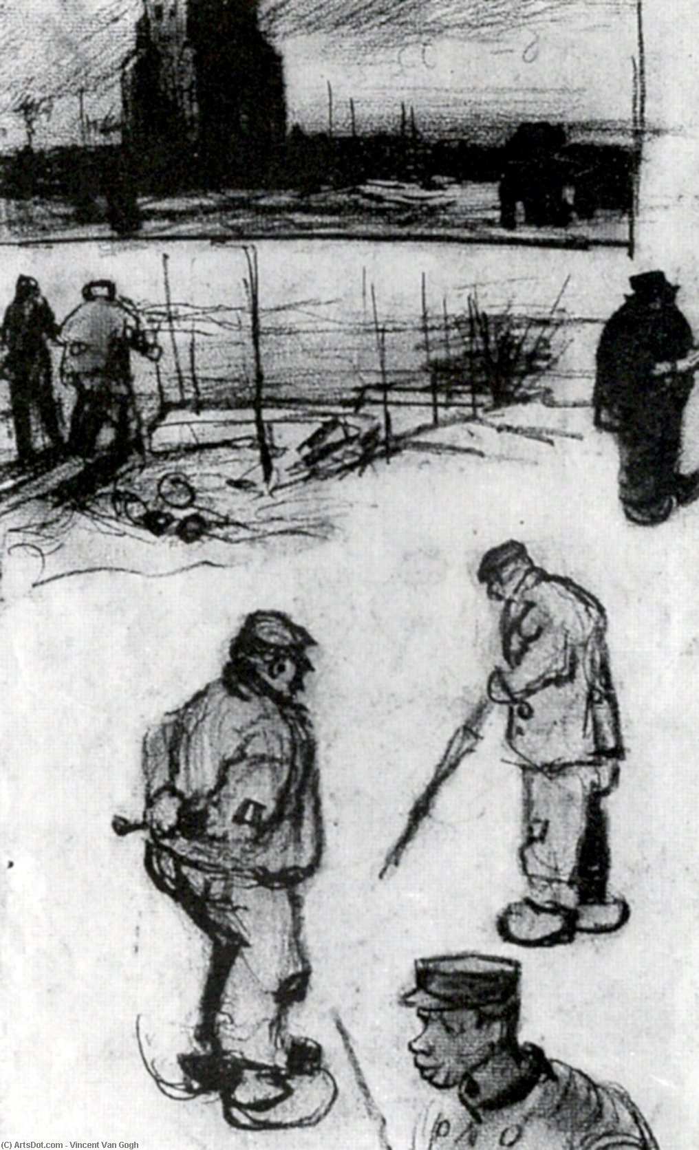 Sketches Of The Old Tower And Figures — Vincent Willem Van Gogh