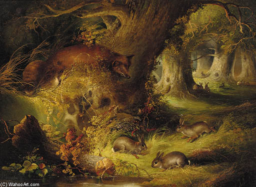 A Fox With Rabbits In A Wood — George Armfield (smith)