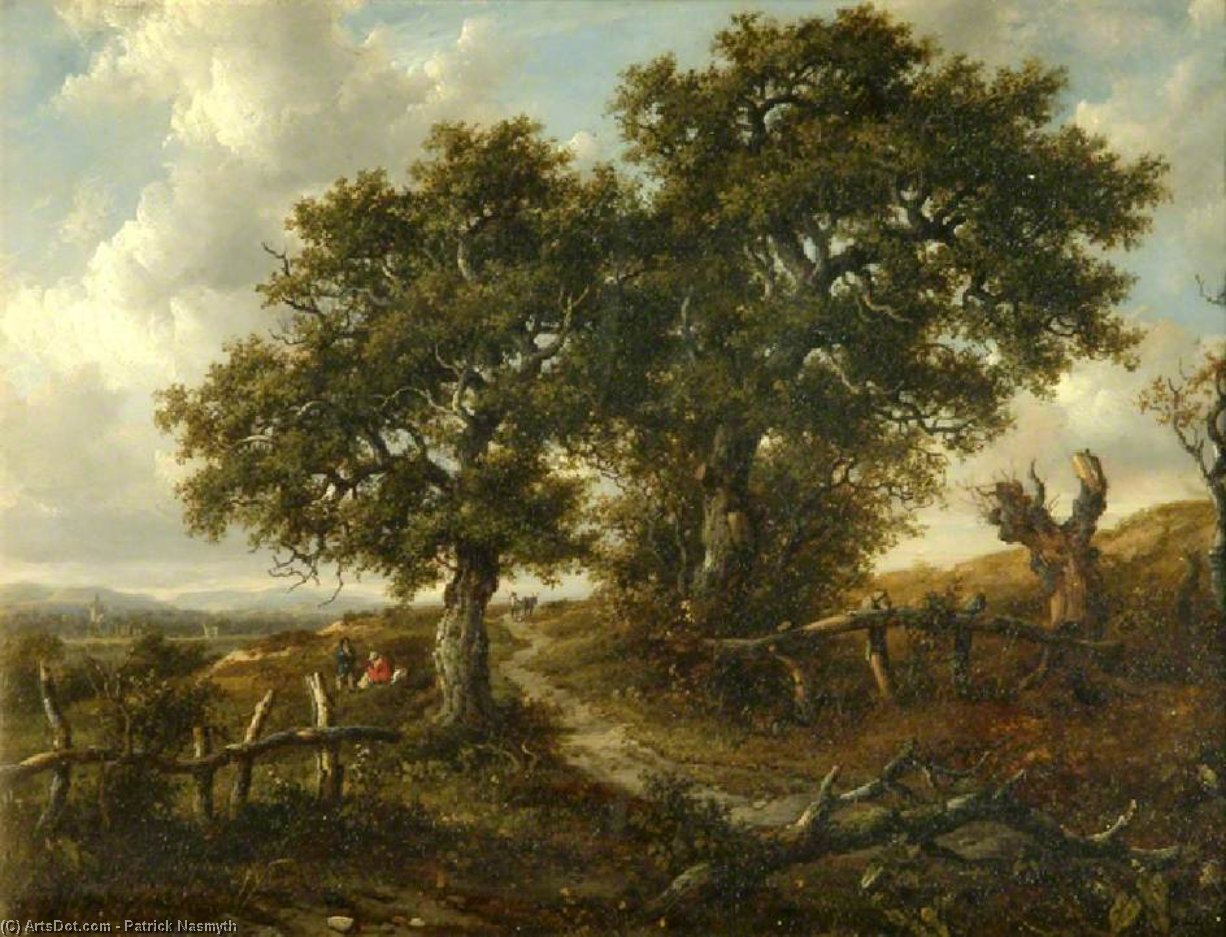 Landscape With Trees And Figures In The Foreground, A Church In The Distance — Patrick Nasmyth