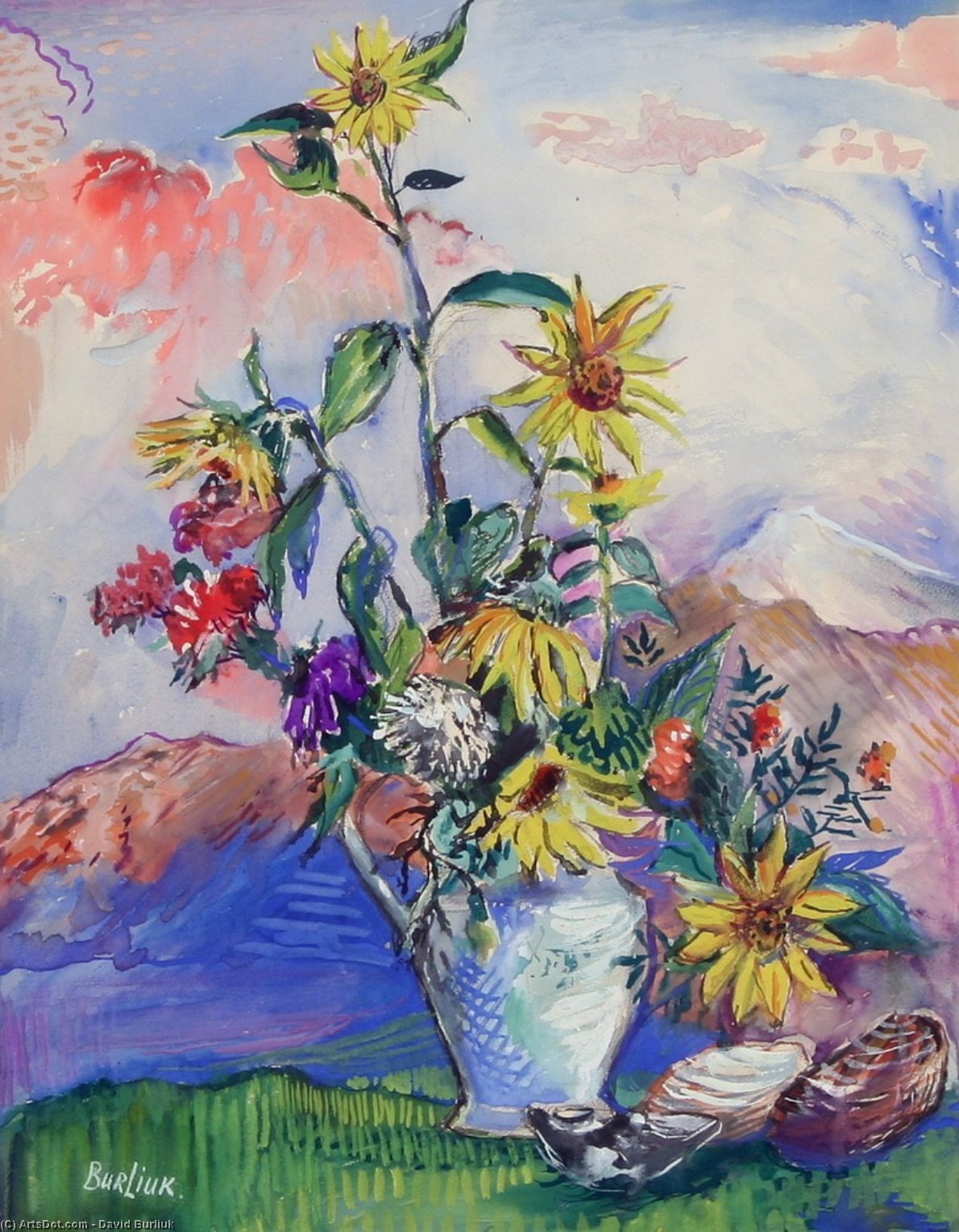 Flowers And Seashells In A Mountain Landscape — David Davidovich Burliuk