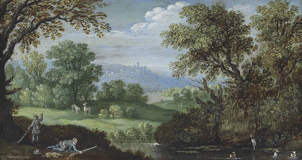 A Wooded River Landscape With Figures Hunting Ducks And Stags, A Hilltop Village Beyond — Maerten Ryckaert