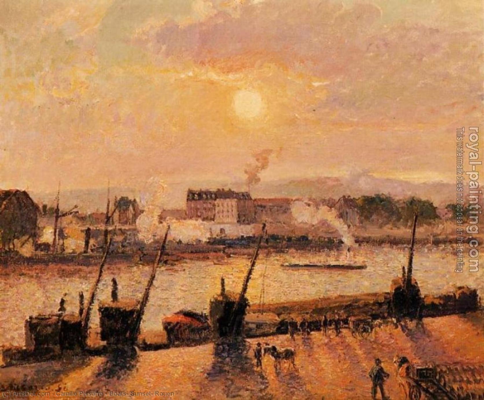 Boats, Sunset, Rouen — Camille Pissarro