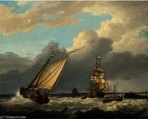 An In-bound Dutch Three-master At The River Mouth Amidst Coastal Craft — George Webster