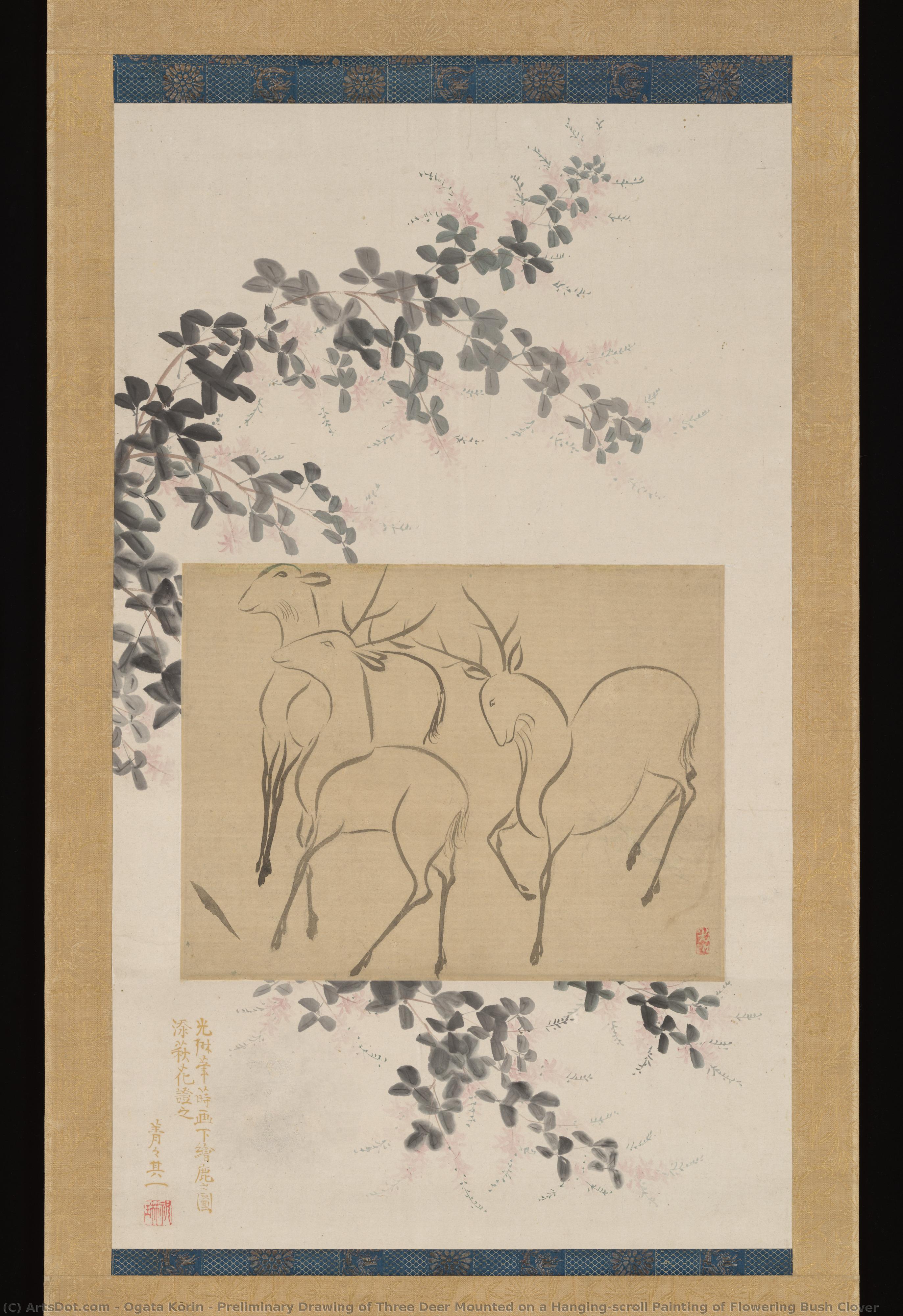 Preliminary Drawing Of Three Deer Mounted On A Hanging-scroll Painting Of Flowering Bush Clover — Ogata Kōrin