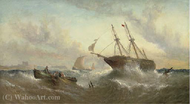 A Merchantman Ashore Off Dunstanburgh Castle — William Calcott Knell