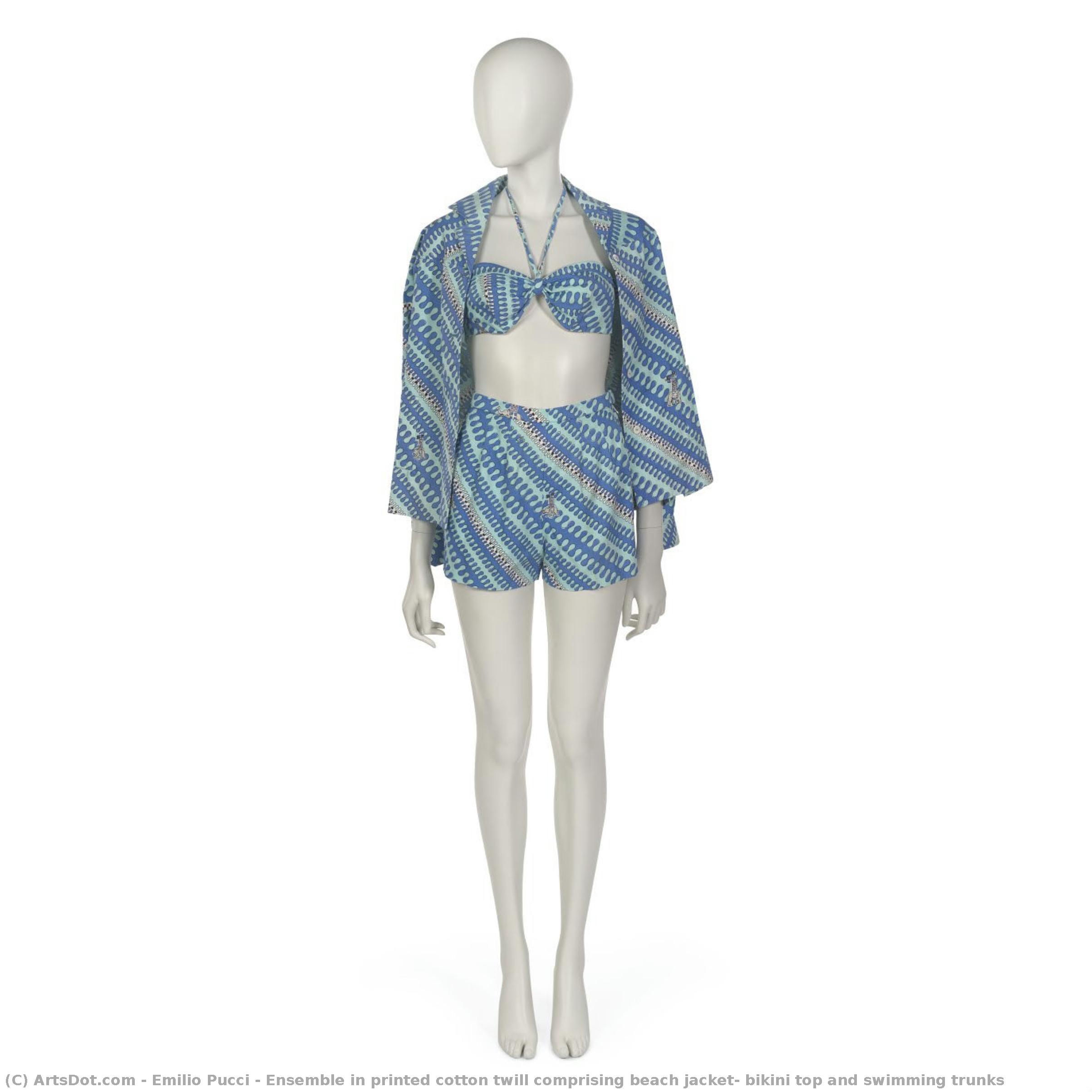 Ensemble In Printed Cotton Twill Comprising Beach Jacket, Bikini Top And Swimming Trunks — Emilio Pucci