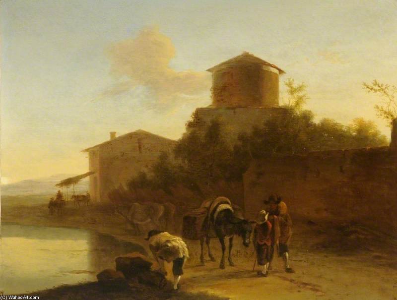 Landscape With A Tower And Figures By A Lake — Andries Both