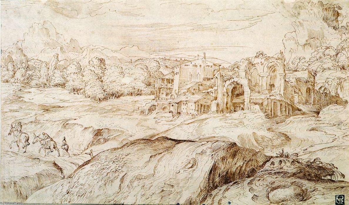 Mountainous Landscape With Antique Ruins — Domenico Campagnola