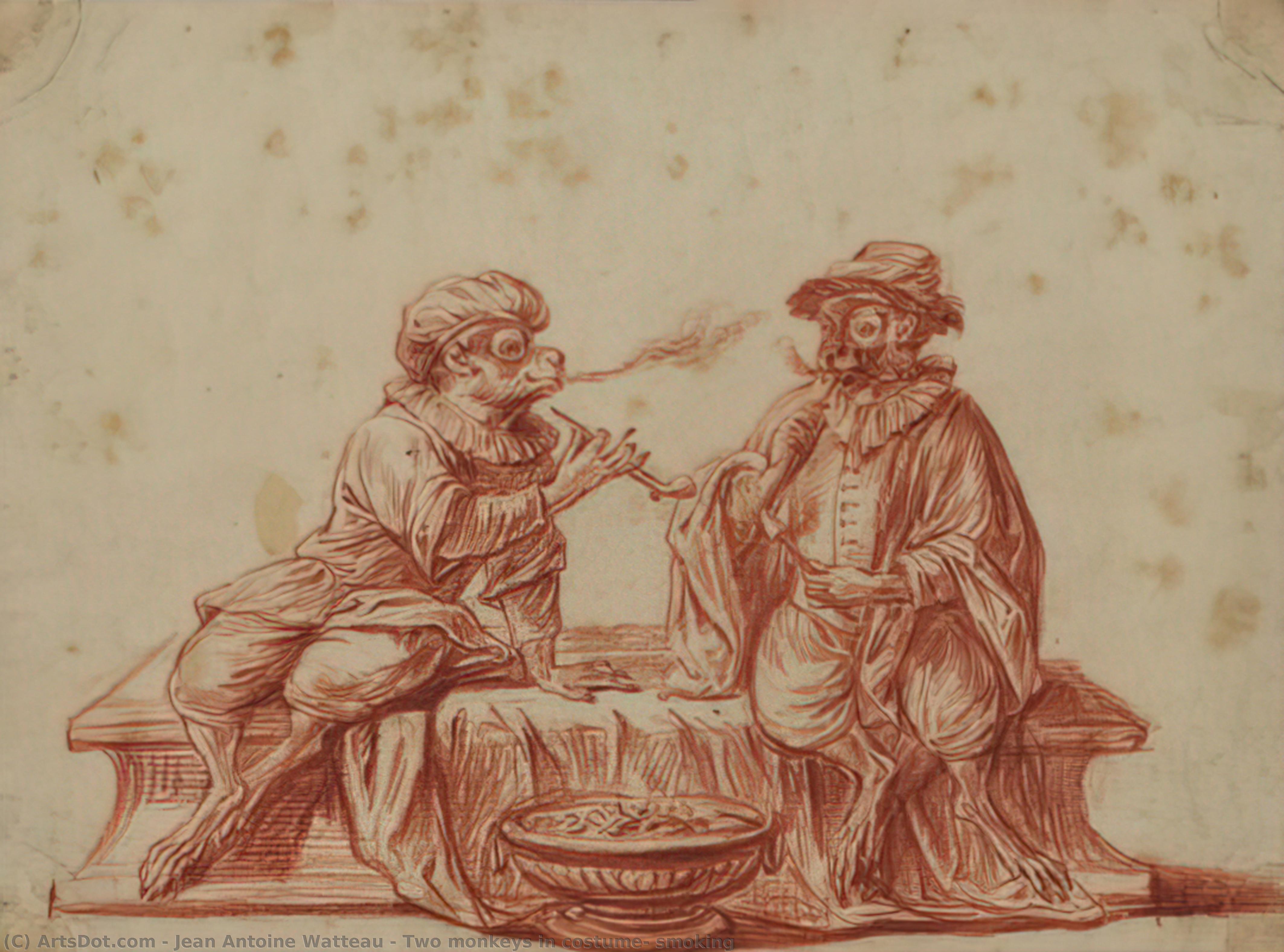 Two Monkeys In Costume, Smoking — Jean-antoine Watteau