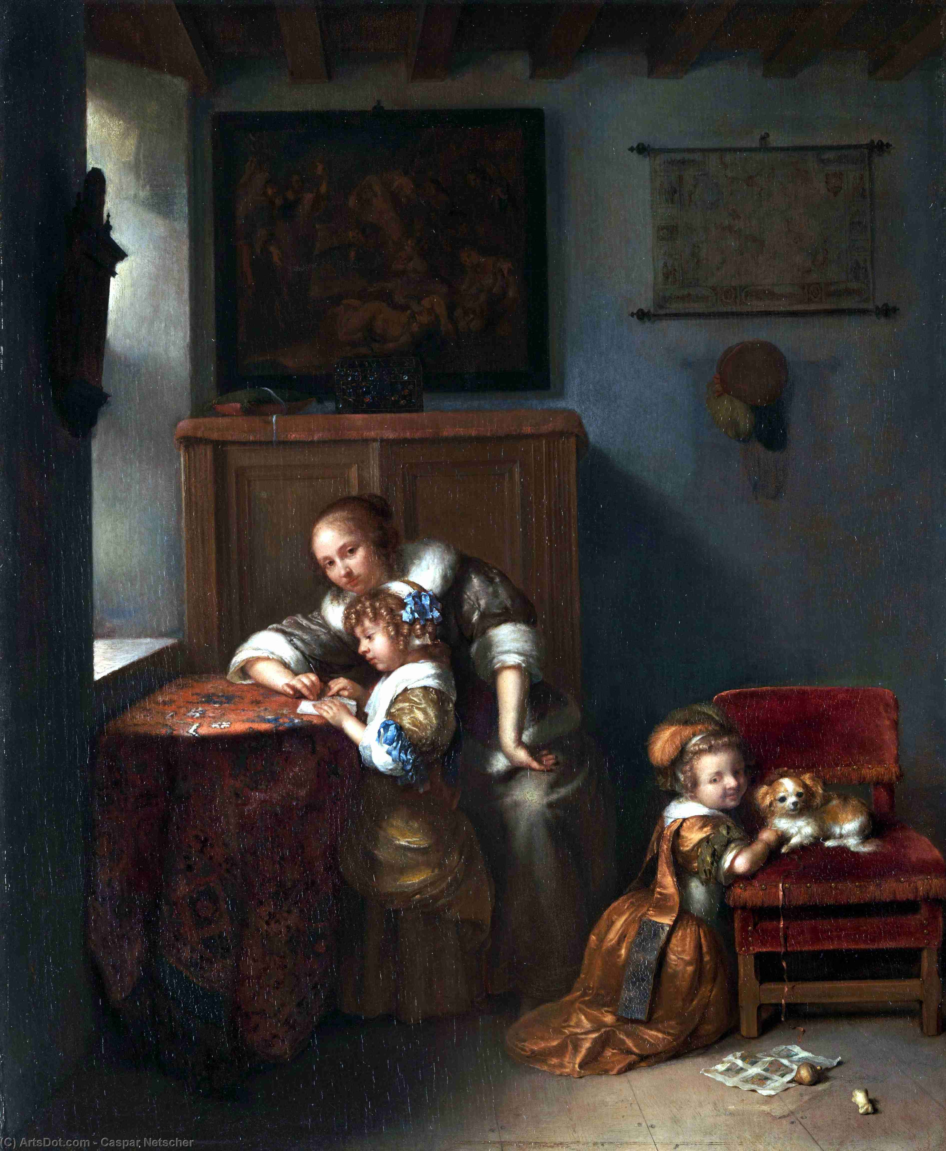 A Lady Teaching A Child To Read — Netscher, Caspar