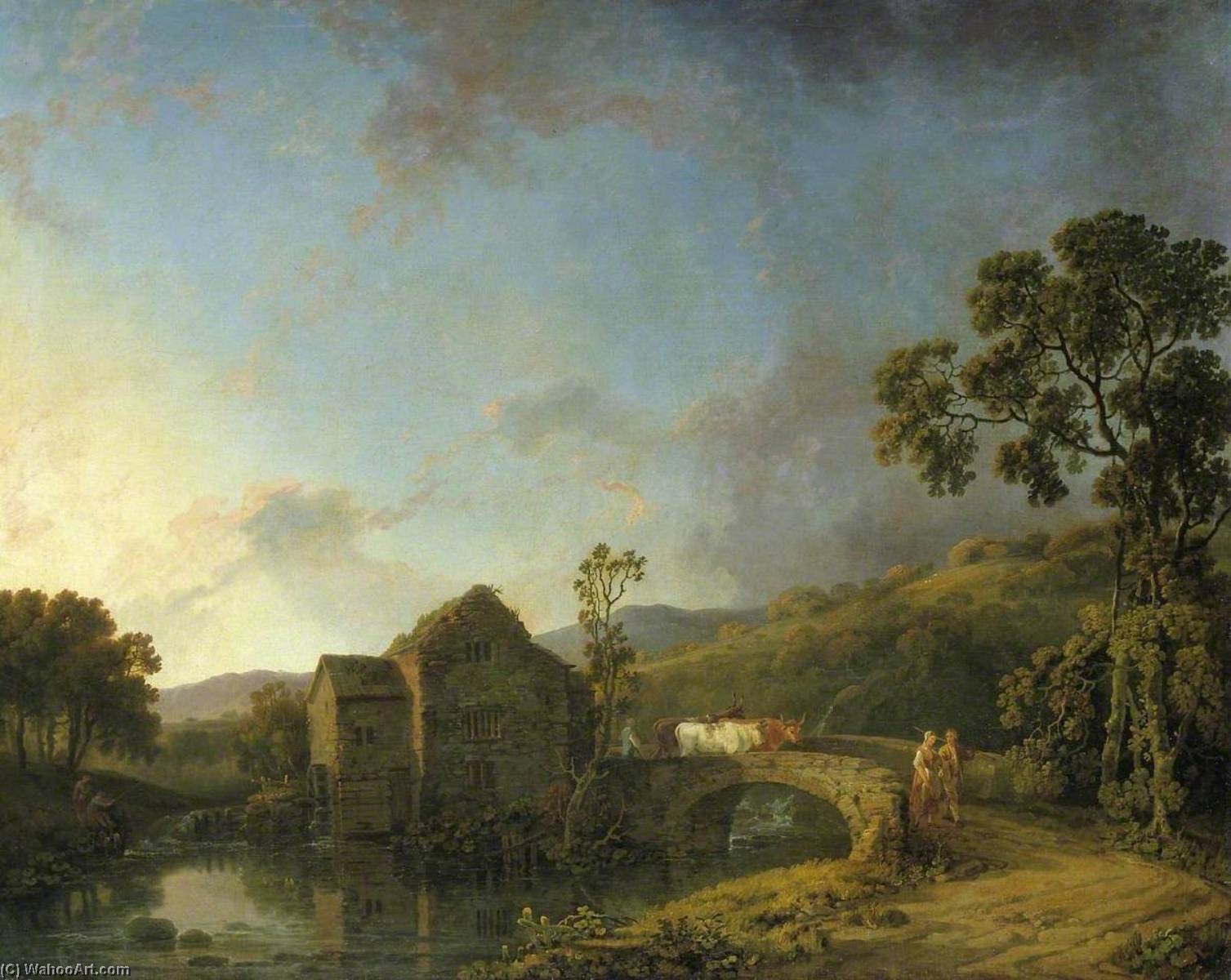 River Scene With Watermill, Figures And Cows — George Barret The Elder