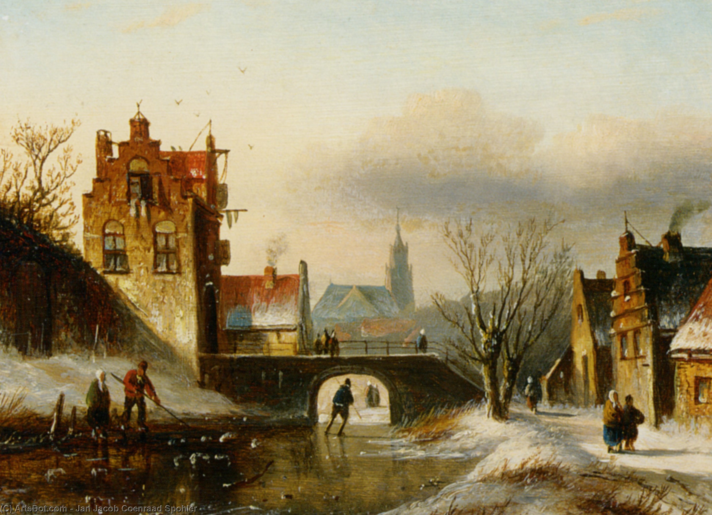 Figures On A Frozen Canal In A Dutch Town — Jan Jacob Coenraad Spohler
