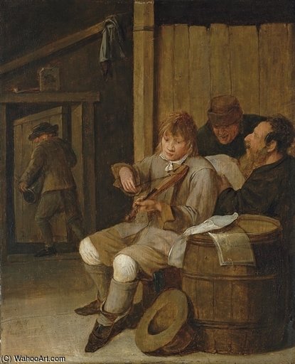 A Young Fiddler Making Music Accompanied By Two Peasants Singing In An Interior — Matheus Van Helmont