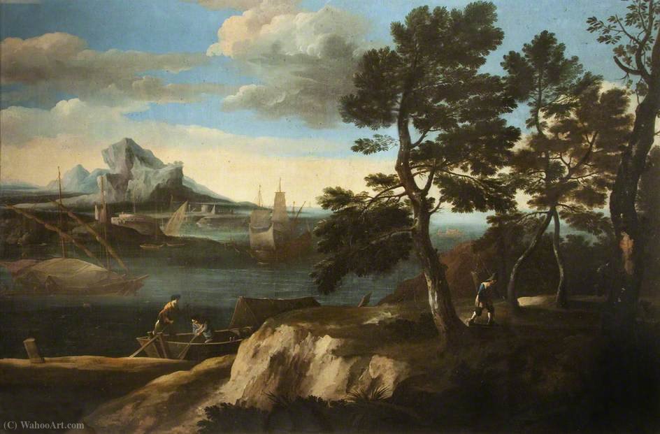 River Landscape With Figures In A Boat — Jacob De Heusch
