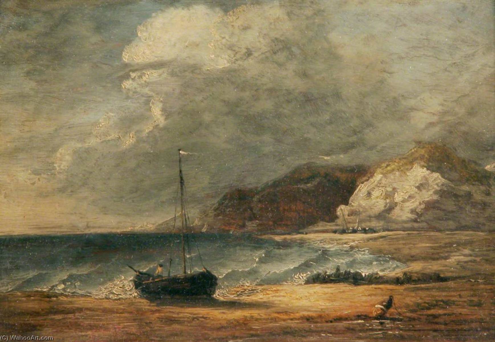 Beach And Fishing Boats, Rugged Cliffs Beyond — Joseph Clover