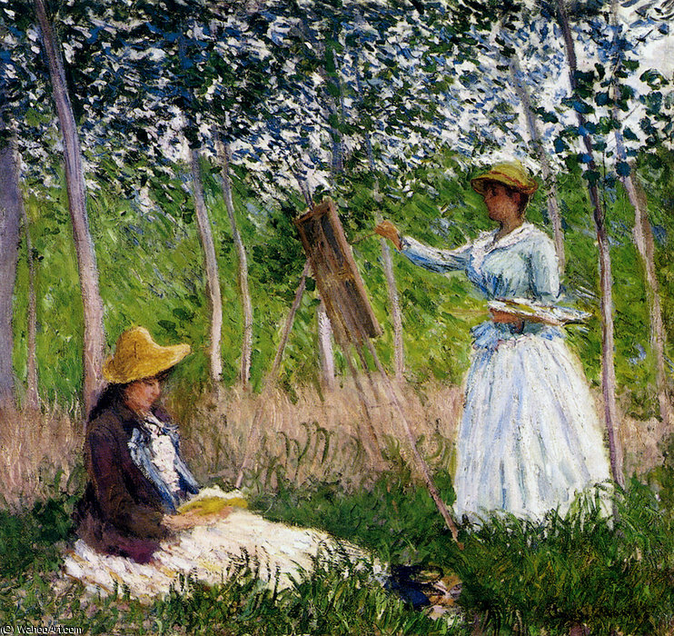 At Her Easel With Suzzanne Hoschede Reading — Claude Monet
