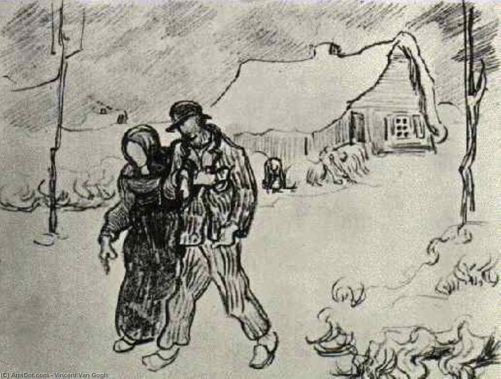 People Walking In Front Of Snow-covered Cottage — Vincent Willem Van Gogh