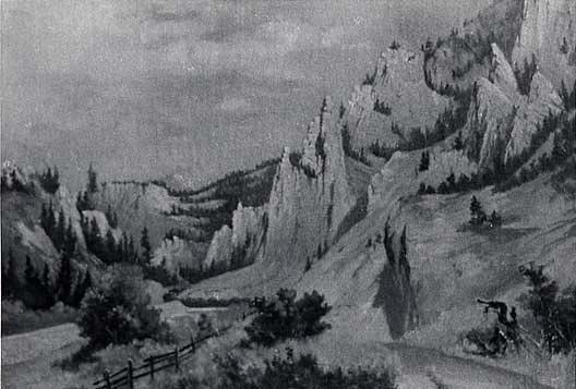 South Dakota Badlands, Train Coming Through Pass, (painting) — Von Luerzer