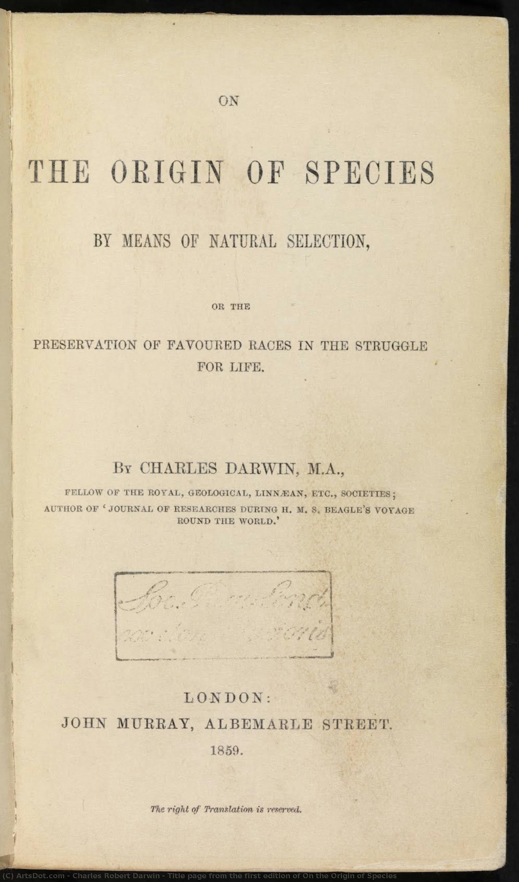 Title Page From The First Edition Of On The Origin Of Species — Charles Robert Darwin