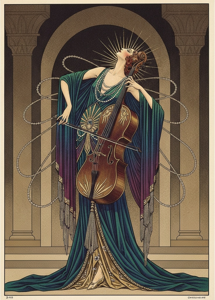 Cello And Silk Beneath A Golden Sunburst Arch — Valentin Laurent De Courcey