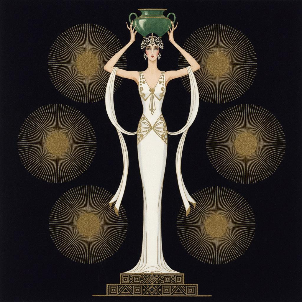 Golden Sunbursts Orbiting A Gilded Figure With Green Urn — Valentin Laurent De Courcey