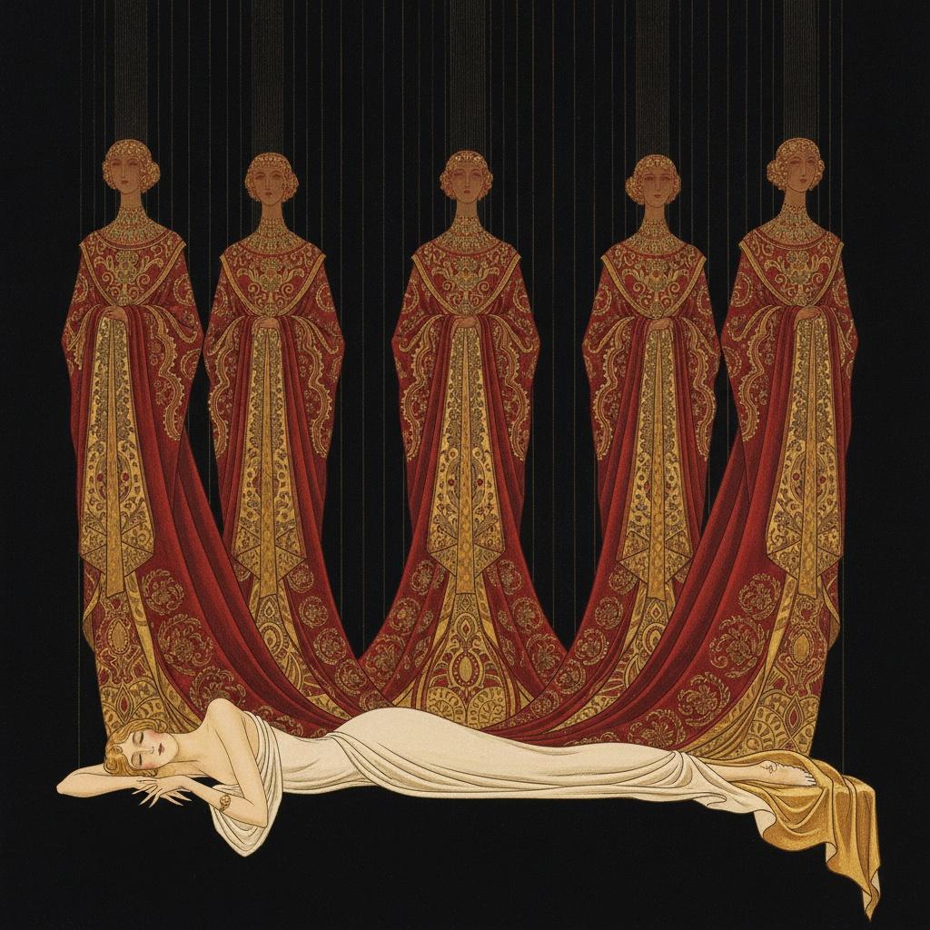 Ivory Figure Amidst Crimson And Gold Filigree Sentinels — Valentin Laurent De Courcey
