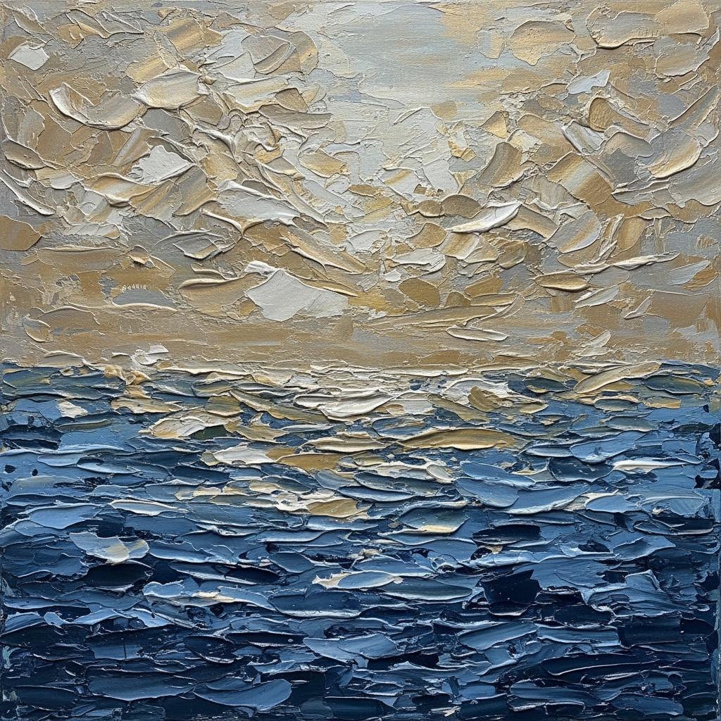 Ethereal Horizons: A Monumental Impasto Study Of Turbulent Tides And Ochre Dawn — David Moreau