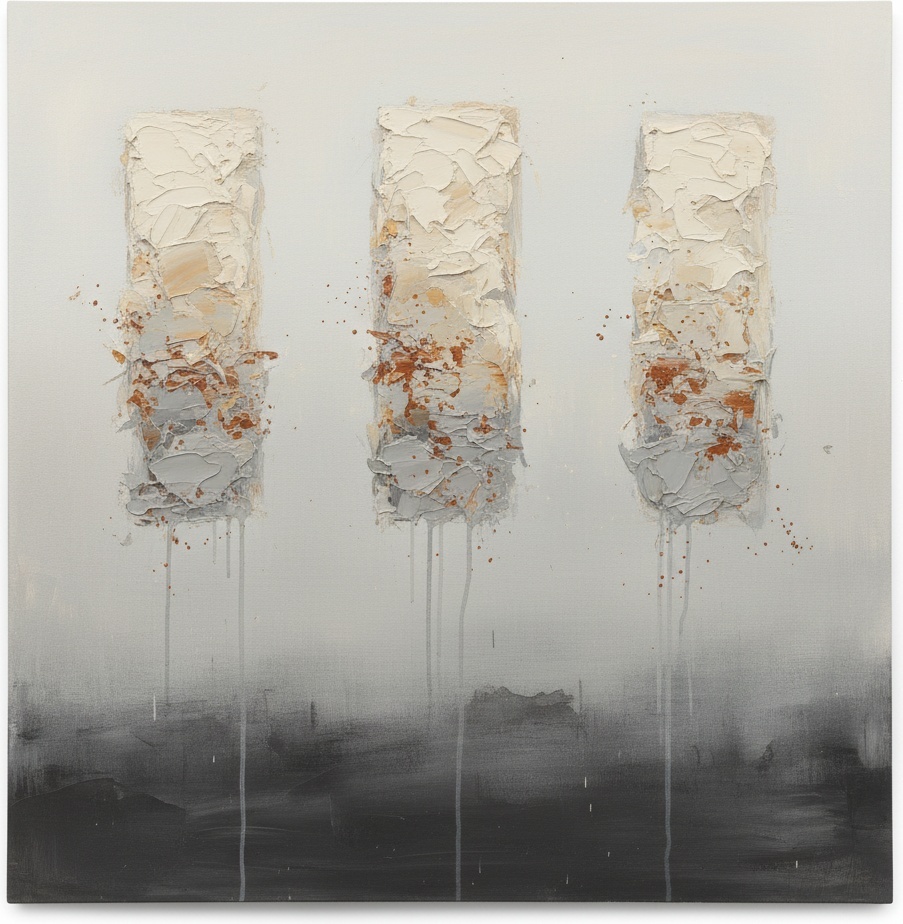 Monolithic Shadows In Slate And Rust: A Meditative Triptych Of Eternal Silence — David Moreau
