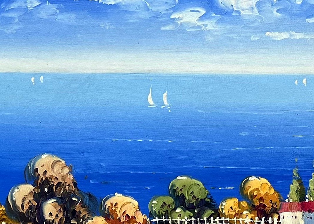 Impressionist Poppy Field and Coastal Village - detail