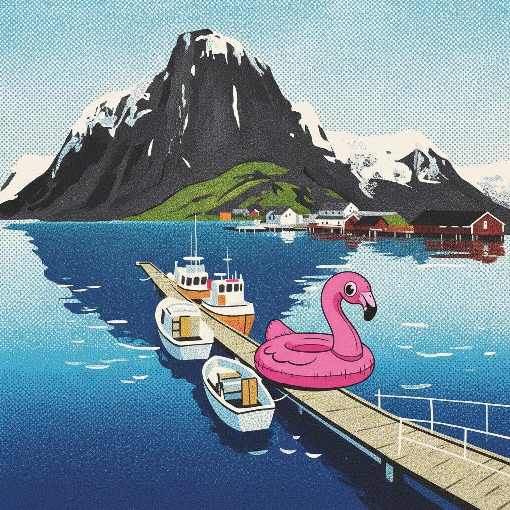 Serene Alpine Reflections With A Vibrant Pink Echo In A Stippled Coastal Dreamscape — Louis Cartier